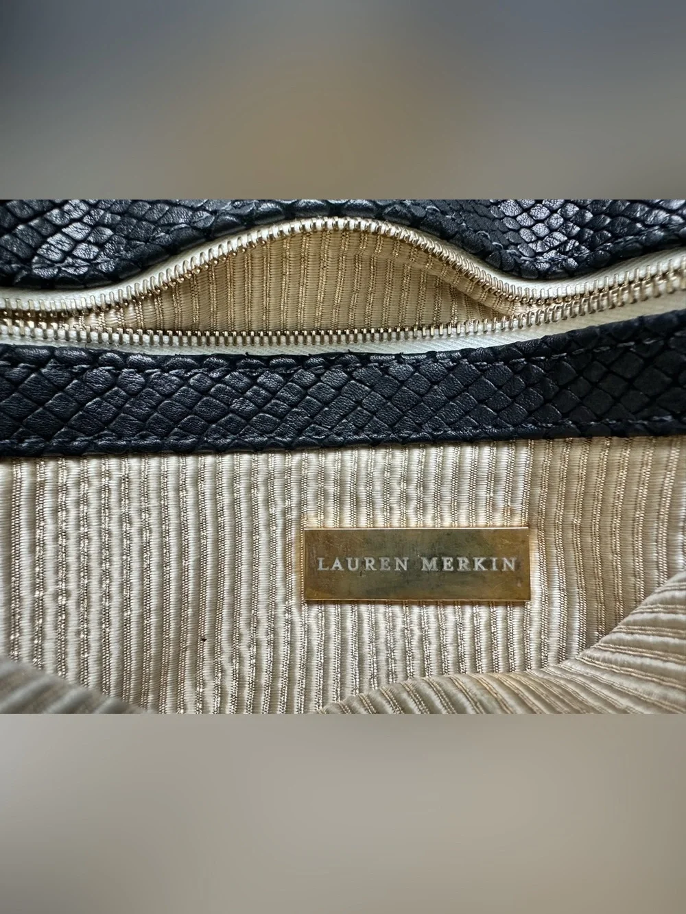 Lauren Merkin Black Snake Embossed Leather Foldover Clutch Gold Zip